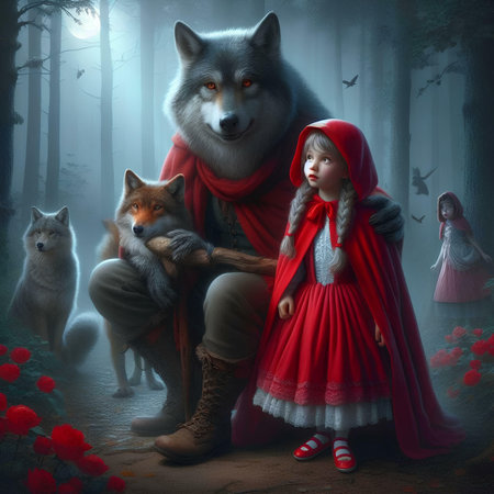 Little girl in a red cloak with a wolf in the forest.の素材