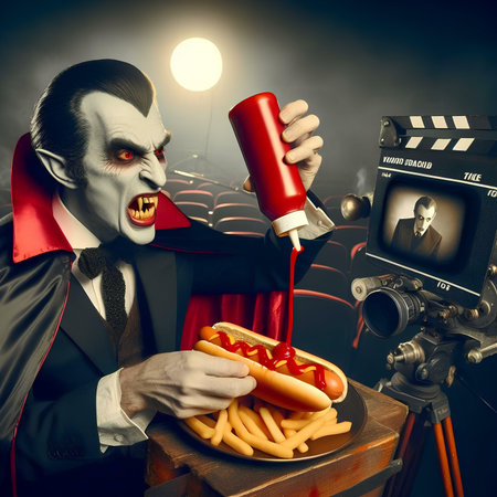 Scary movie actor in a vampire costume eating hot dog with french fries. Halloween.の素材
