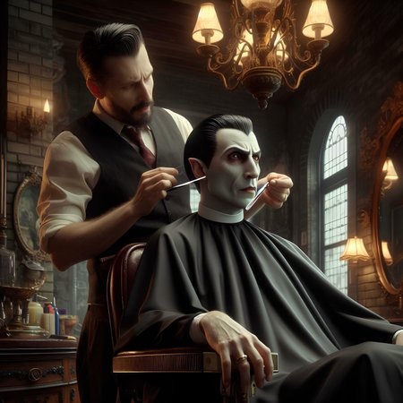 Portrait of a man in a barbershop. A man in a barbershop.の素材