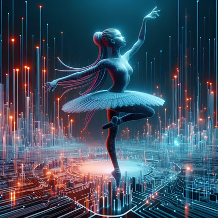 Digital illustration of a ballerina in a black tutu against a futuristic backgroundの素材