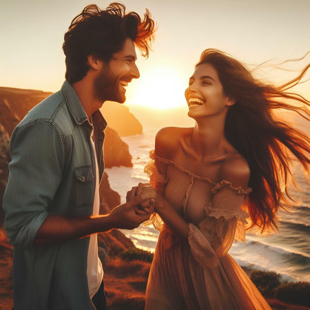 Beautiful young couple in love having fun on the beach at sunsetの素材