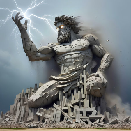 3d rendering of a fantasy warrior with a lightning strike in the backgroundの素材