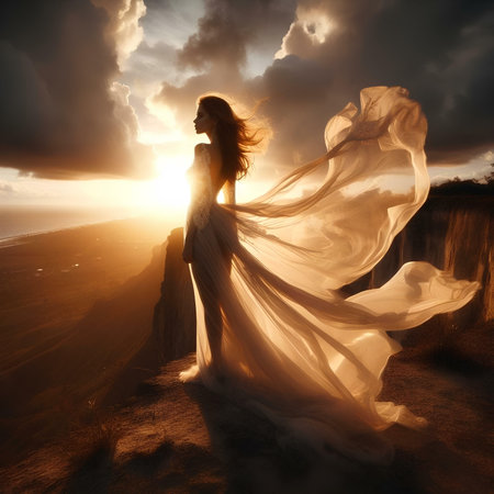 Beautiful woman in a long white dress on the beach at sunsetの素材