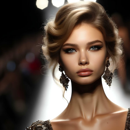 fashion studio photo of gorgeous sensual woman with blonde hair in elegant clothes and accessories posing on the runwayの素材