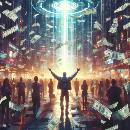 Man with hands up on the background of the night city and moneyの素材