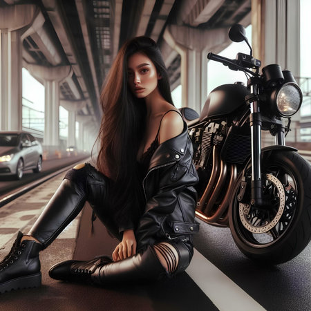 fashion interior photo of beautiful sexy woman with dark hair in luxurious leather clothes posing near motorcycleの素材