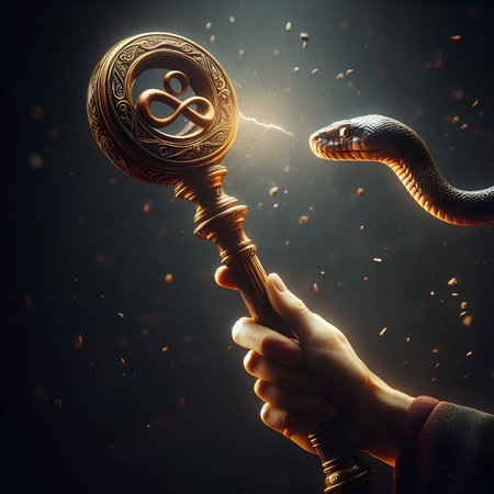 Close up of human hand with magic wand and snake on dark backgroundの素材