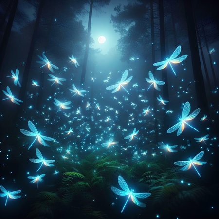 Dragonflies flying in the dark forest at night. 3D renderingの素材