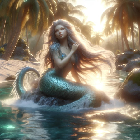 Beautiful mermaid with long hair in the sea. 3d renderの素材