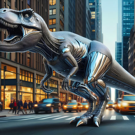 Dinosaur on the road in New York City. 3D renderingの素材