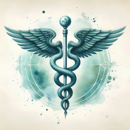 Digital illustration of Caduceus medical symbol in watercolor background.の素材