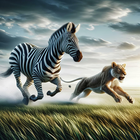 Zebra and lion running in the grass. 3D illustration.の素材