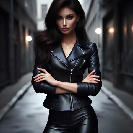 Fashionable brunette woman in black leather clothes posing on the street.の素材