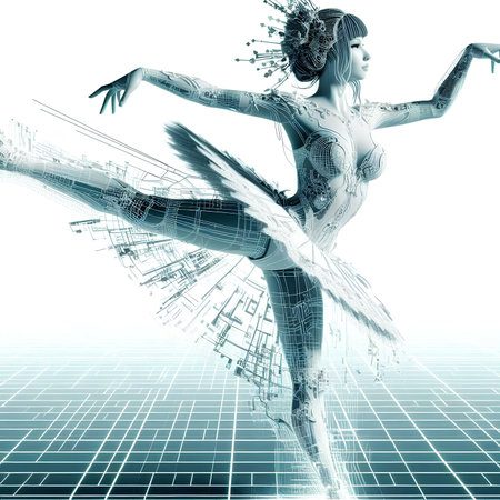 Digital illustration of a female ballet dancer in a futuristic background. 3d renderingの素材