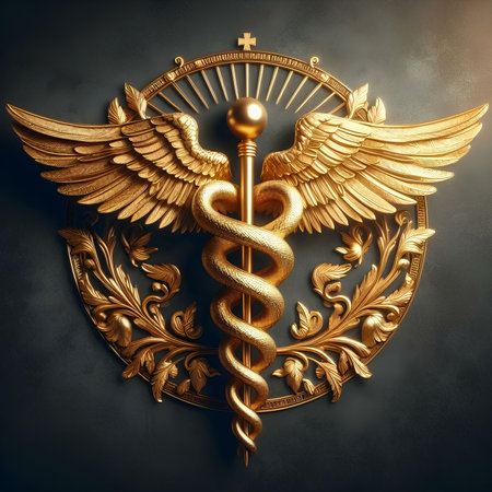 Golden Caduceus with golden wings on the shield. 3d renderingの素材