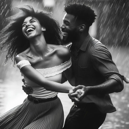 Black and white portrait of happy african american couple in rainの素材