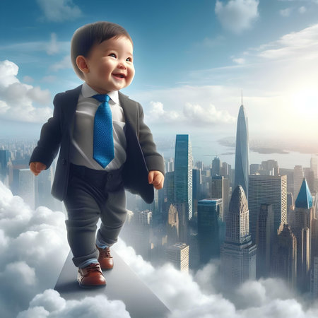 Little businessman standing on the cloud and looking at the city with sunlightの素材