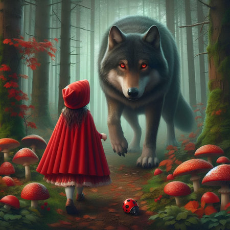 A wolf and a girl in a red cloak in the forest.の素材