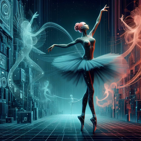 Digital illustration of a ballerina in a futuristic space. 3D renderingの素材