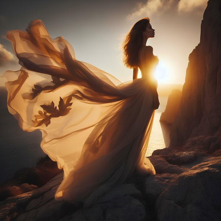 Beautiful woman in long white dress on the rocks at sunset.の素材