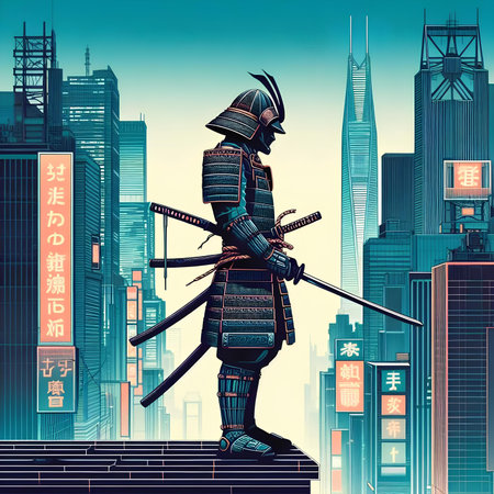 Samurai warrior in the background of the modern city. Vector illustration.の素材