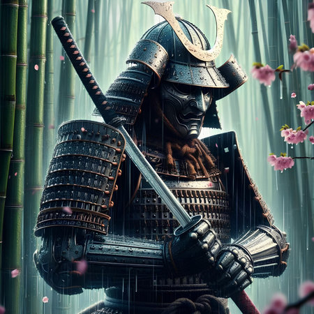Samurai warrior in armor with sword and helmet against the background of a bamboo forest.の素材