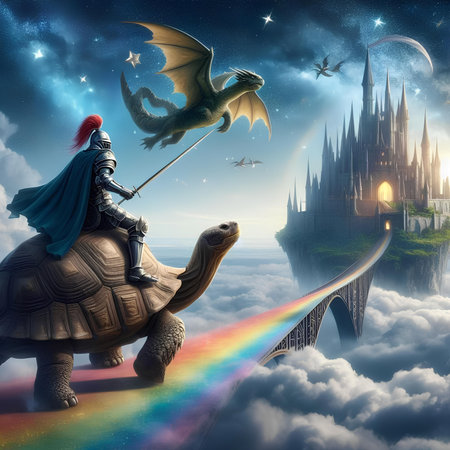 Turtle in fantasy landscape with castle and rainbow. 3D renderingの素材