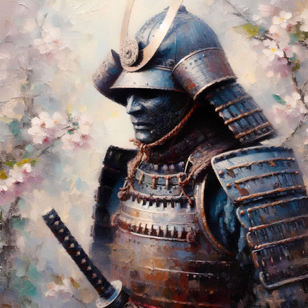 Ancient warrior in armor on the background of a blossoming tree. Digital painting.の素材