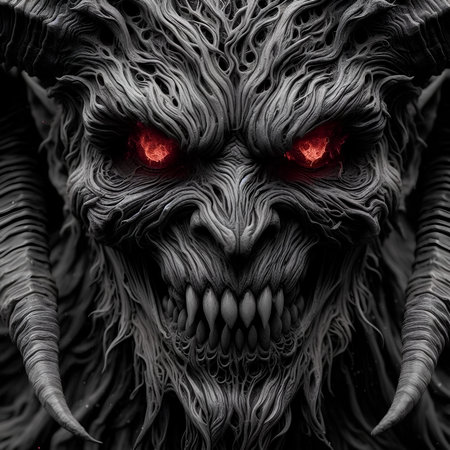 Black monster with red eyes on a black background. 3d renderingの素材