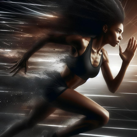 Sportswoman running on a black background. 3D rendering.の素材
