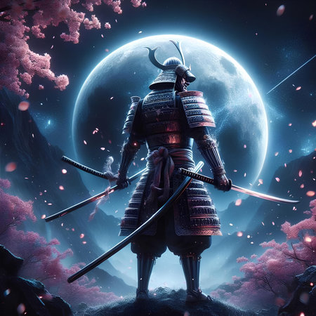 Samurai warrior in front of the full moon. 3D renderingの素材