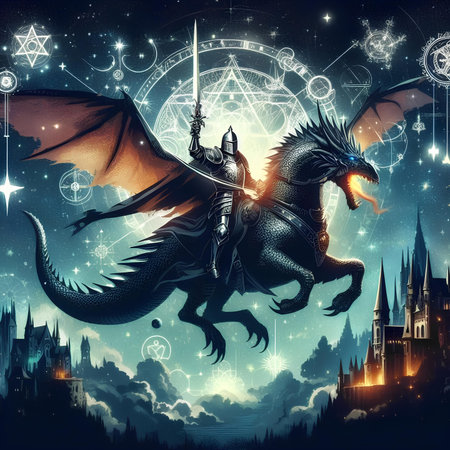 Zodiac sign Virgo with fantasy castle and dragon in the background.の素材