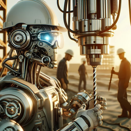 3D rendering of robot working on a construction site at sunset.の素材