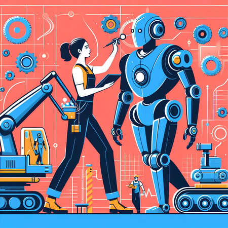 Robot and human characters working together in the factory. vector illustrationの素材