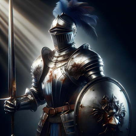 Knight in armor and feathers on a dark background. 3d renderの素材