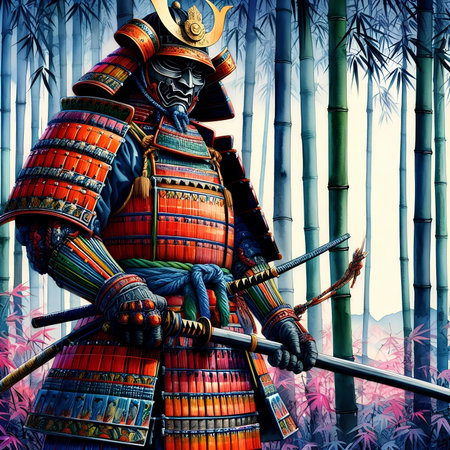 Colorful fantasy scene with a samurai warrior in a bamboo forest.の素材