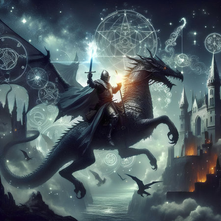 Knight on the background of the fantasy castle. Fantasy landscape with dragon.の素材