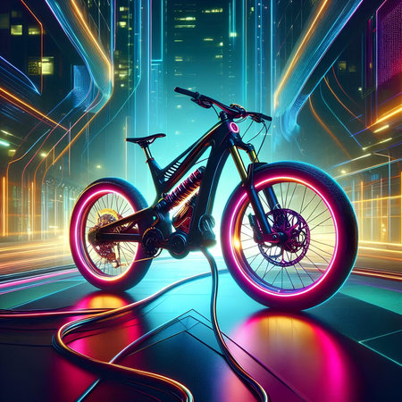Cyclist in futuristic space with neon lights. 3D renderingの素材