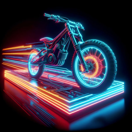 Cyberpunk motorcycle in neon light. 3D rendering. neon lightsの素材