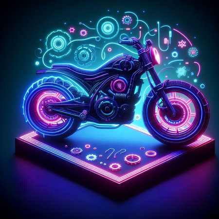 Neon motorcycle on a dark background. 3d illustration. Neon style.の素材