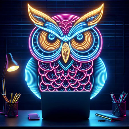 Neon owl with laptop on brick wall background. 3D Renderingの素材