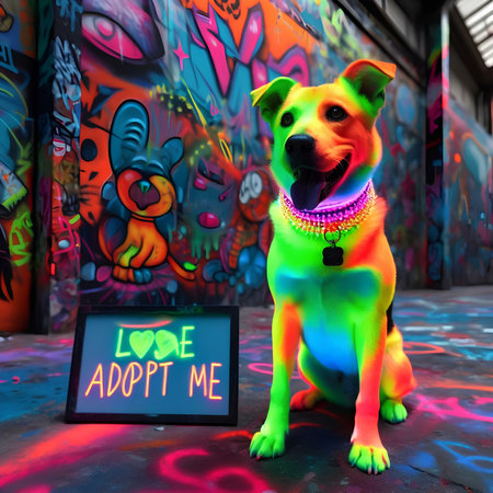 Adopt me sign with a dog in front of a graffiti wallの素材
