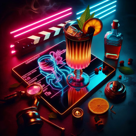 cocktail on the background of a movie clapperboard and lightingの素材
