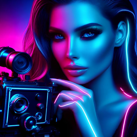 Beautiful girl with professional camera in neon light. 3d renderingの素材