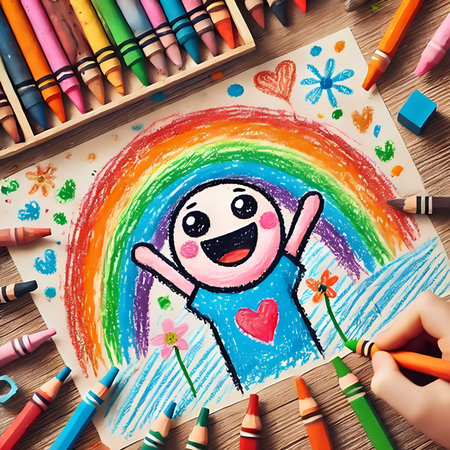 Top view of colorful drawing with happy child and rainbow on wooden tableの素材