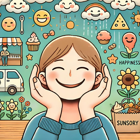 Smiling boy in front of the food truck. Vector illustration.の素材