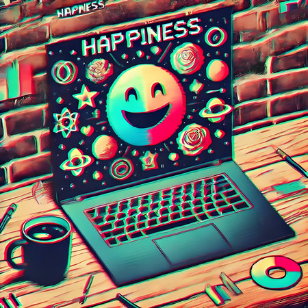 Happy smiley face on laptop screen. Vector illustration in retro styleの素材