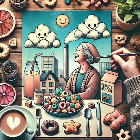 Elderly woman eating healthy breakfast at home. Toned imageの素材