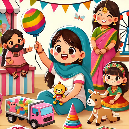 Indian family playing at the amusement park with children and toys illustration.の素材