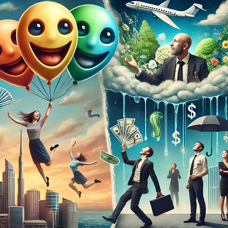 Business people flying in the sky with a group of emojisの素材